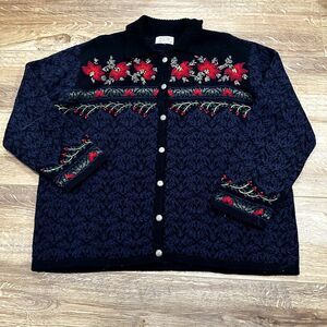 TALBOTS Sweater Womens Large Lambswool Silk Embroidered Knit Cardigan